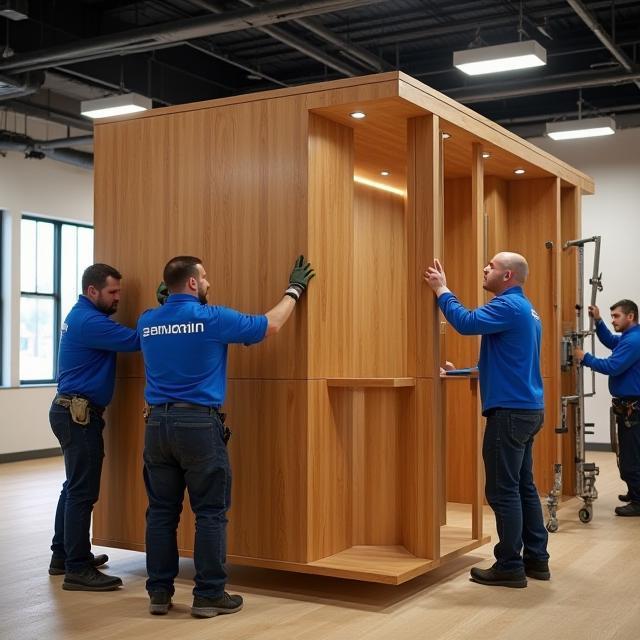 Équipe ZenCabin installant une cabine dans des bureaux
